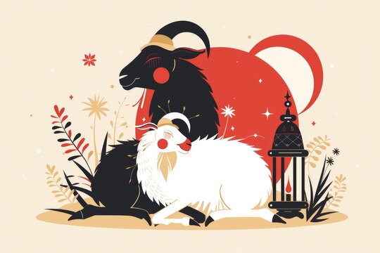 Eid al-Adha vector illustration. Muslim holiday Eid al-Adha. sacrifice ram white and black sheep. graphic design decoration kurban bayrami. month lamb and lamp - generative ai
