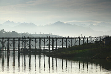 The longest wooden bridge and floating Town in Sangkhla buri Kanchanaburi, Thailand 