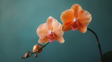 Studio photo of an orange orchid against a plain backdrop