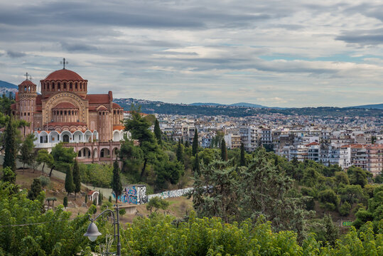 Church of Saint Paul seen from Walls of Thessaloniki, remains of Byzantine walls in Thessaloniki, Greece