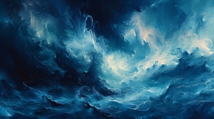 Abstract ocean waves painting, swirling blue textures and fluid art