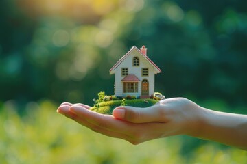 Hand holding a miniature house model, property and investment concept.