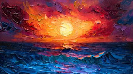 Vibrant textured oil painting of a sunset over a stormy sea with dramatic brushstrokes