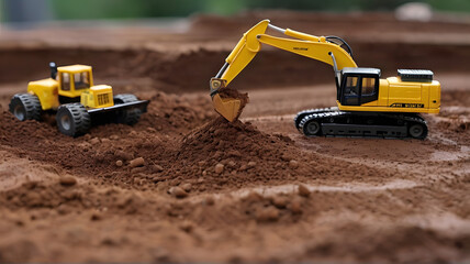 A miniature construction site with tiny excavators digging into the soil, showcasing the initial stages of a construction project - AI