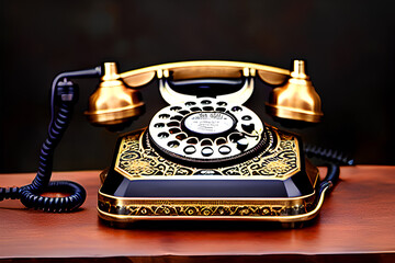Black gold antique vintage telephone, Generative Ai,
