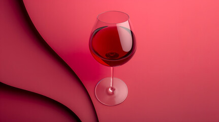 Glass of ros? wine on curvaceous pink burgundy background. Stylish wine presentation, red wine glass on dynamic background. Creative rose wine banner, copy space. Single glass of wine, abstract curves