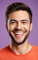 Portrait of a cheerful young Caucasian man with a beaming smile, suitable for dental health, happiness, and wellness concepts