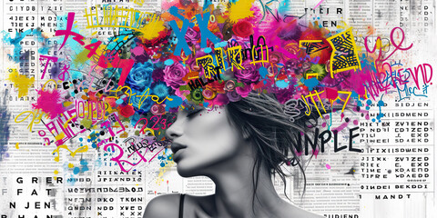 Generative AI illustration of woman head serves as a canvas for colorful graffiti, creating a...