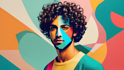 Stylized portrait of a young man with curly hair against a vibrant abstract background, evoking creativity and diversity, ideal for art events or Pride Month