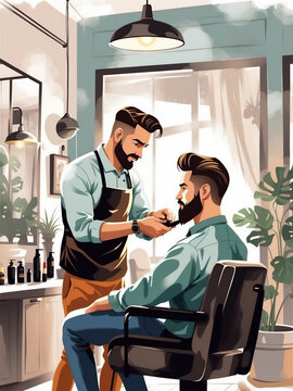 A handsome brunette man is receiving a beard trim from a stylish barber in a modern barber shop watercolor vertical illustration