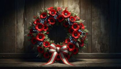 Remembrance Day wreath with red poppies, blue stars, and white ribbon on rustic wooden background symbolizing veterans and military commemoration - obrazy, fototapety, plakaty