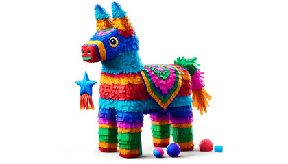 Obraz na płótnie Canvas Colorful traditional Mexican pinata in the shape of a donkey isolated on a white background, related to Cinco de Mayo and birthday celebrations