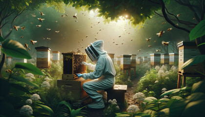 Beekeeper in protective suit tending to beehives in a lush forest, ideal for concepts like World Bee Day and sustainable agriculture practices - obrazy, fototapety, plakaty