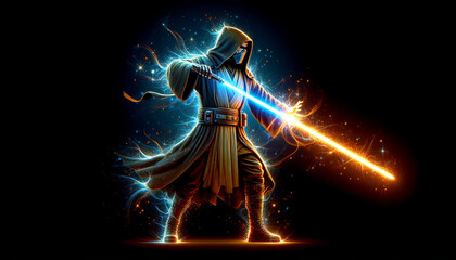 Futuristic warrior with glowing lightsaber against a dark backdrop, ideal for science fiction themes and May the 4th celebrations - obrazy, fototapety, plakaty