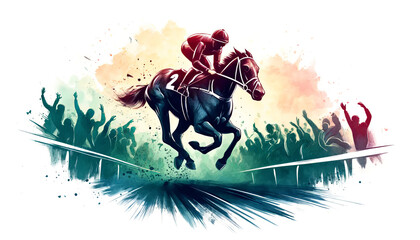 Vibrant digital illustration of a jockey on a racing horse with a cheering crowd, ideal for sporting events and Kentucky Derby celebrations