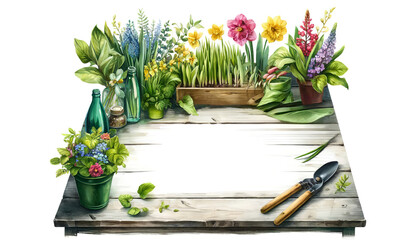 Spring gardening concept with colorful flowers in pots, green foliage, gardening tools on a wooden table, ideal for Easter and Mother's Day themes