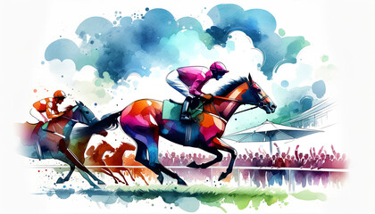 Colorful abstract illustration of jockeys racing horses, evoking the excitement of equestrian sports, suitable for Kentucky Derby and horse racing events