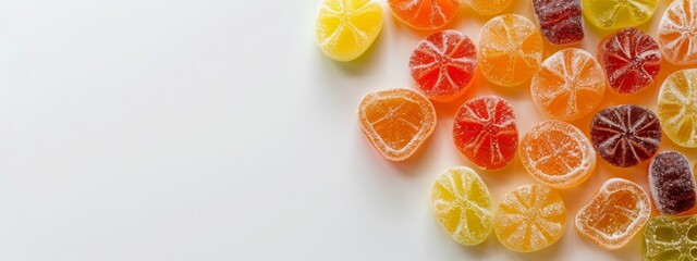 Jelly candies in various colors on white background.