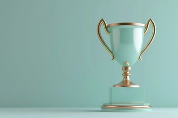Golden trophy, concept of achievement, prize and victory, light green background. - obrazy, fototapety, plakaty
