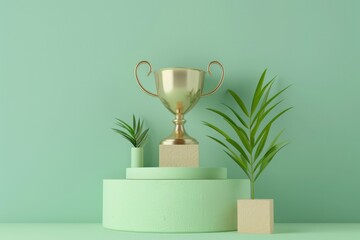 Golden trophy, concept of achievement, prize and victory, light green background. - obrazy, fototapety, plakaty