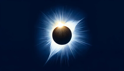 Total solar eclipse with radiant corona on dark blue sky, concept for astronomy, cosmology, and solar events - obrazy, fototapety, plakaty