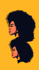 Bold dual portrait of a woman with an afro on yellow Generative AI image
