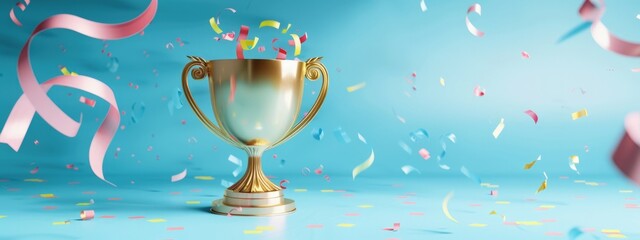 Golden trophy with streamers, concept of achievement, award and victory.