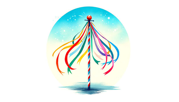 Colorful maypole with ribbons under a snowy sky, symbolizing traditional European May Day and Midsummer celebrations, with no people