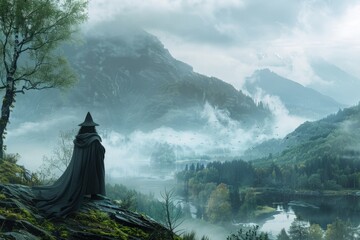 Wizard in medieval era forest with mountain and fog, fantasy and fiction concept. - obrazy, fototapety, plakaty
