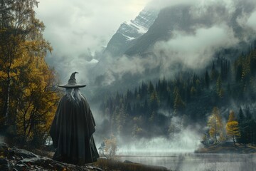 Wizard in medieval era forest with mountain and fog, fantasy and fiction concept. - obrazy, fototapety, plakaty