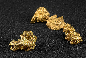 Pure gold nuggets from the mine on a black sand. Gold ore.