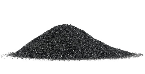 Pile of black sand isolated on a white background. Black sand dune.