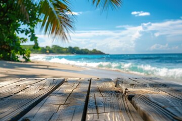 Landscape with wooden board, beautiful beach in the background.