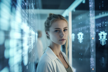Young professional woman in a high-tech setting Generative AI image
