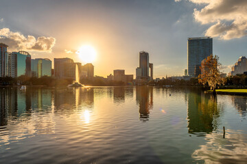 Orlando city skyline at sunset with fountain and cityscape, Florida, USA - 786650172
