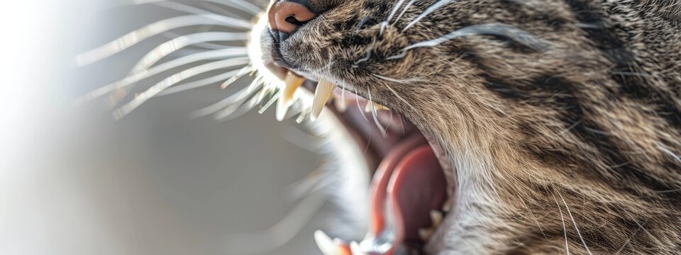Open adult cat's mouth showing sharp teeth surface. Copy space image. Place for adding text or design