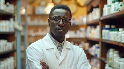 Fototapeta premium Confident male pharmacist standing in a drugstore. Generative AI image