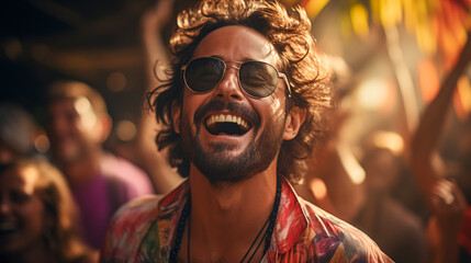 A man exuding happiness with a broad smile, sporting retro sunglasses at a vibrant outdoor festival, captured in a moment of pure joy. Generative AI - obrazy, fototapety, plakaty