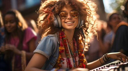 A female DJ with vivacious curly hair smiles as she plays music, surrounded by a bohemian crowd,...