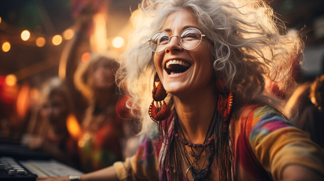 An exuberant woman with curly hair and sunglasses DJing at a hippie party, her joy infectious amidst the colorful crowd. Generative AI