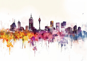 Obraz premium Melbourne Australia watercolor skyline illustration. Loose painting expressive abstract style, trees and buildings, water, golden glowing sunlight, natural color