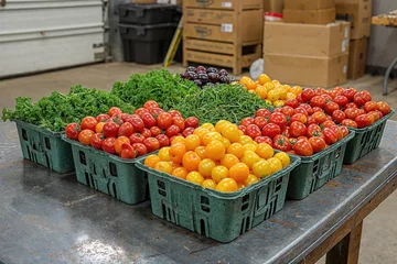 Rolgordijnen Fresh assorted tomatoes and greens on display. Generative AI image © ADDICTIVE STOCK CORE