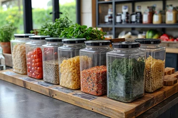 Rolgordijnen Assorted dry goods organized in clear jars on kitchen counter. Generative AI image © ADDICTIVE STOCK CORE