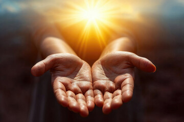 Generative AI image of hands in prayer at sunrise