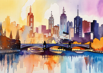 Fototapeta premium Melbourne Australia watercolor skyline illustration. Loose painting expressive abstract style, trees and buildings, water, golden glowing sunlight, natural color