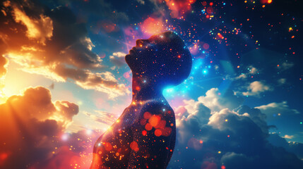 AI Generated Image. Contemplative human composed of vibrant digital pixels in front of futuristic sky