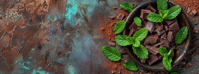 Decadent Chocolate Dessert Garnished with Fresh Mint Leaves on a Plate - obrazy, fototapety, plakaty