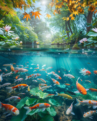 Group of colorful koi fish swimming in a  pond  with floating lotus flowers.