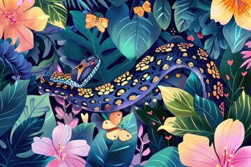Digital art of a vibrant snake among tropical flowers signaling exotic wildlife