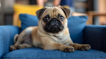 Serene Pug Lounges on Blue Couch, Observing Surroundings. Concept Pet Photography, Relaxed Pets, Indoor Settings, Customized Couches